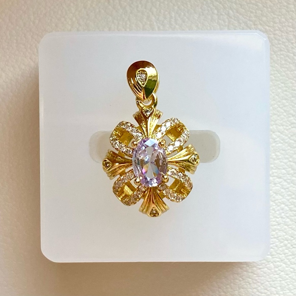 Gold Floral Pendant with Light Purple Center Stone